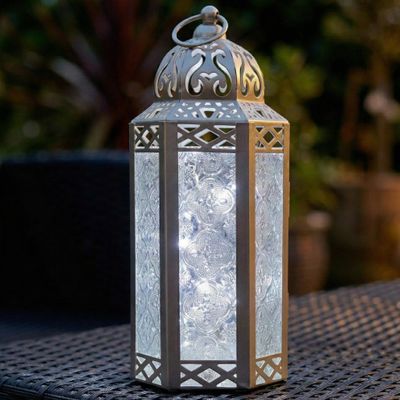 10.5" White Gold Metal Moroccan Decorative Candle Lantern with LED Twinkle Fairy Lights & Remote Wedding Table Centerpieces, Indoor Home Decor, Outdoor Patio & Porch, Medium