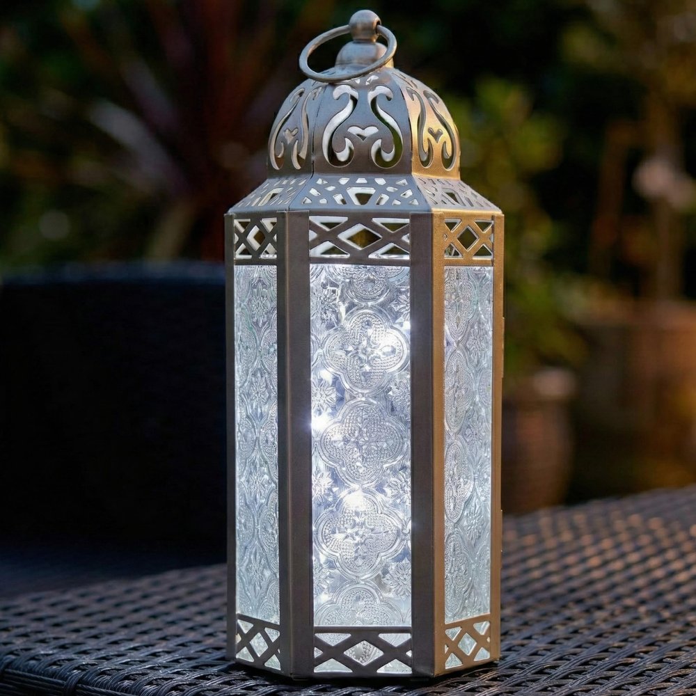 10.5" White Gold Metal Moroccan Decorative Candle Lantern with LED Twinkle Fairy Lights & Remote Wedding Table Centerpieces, Indoor Home Decor, Outdoor Patio & Porch, Medium