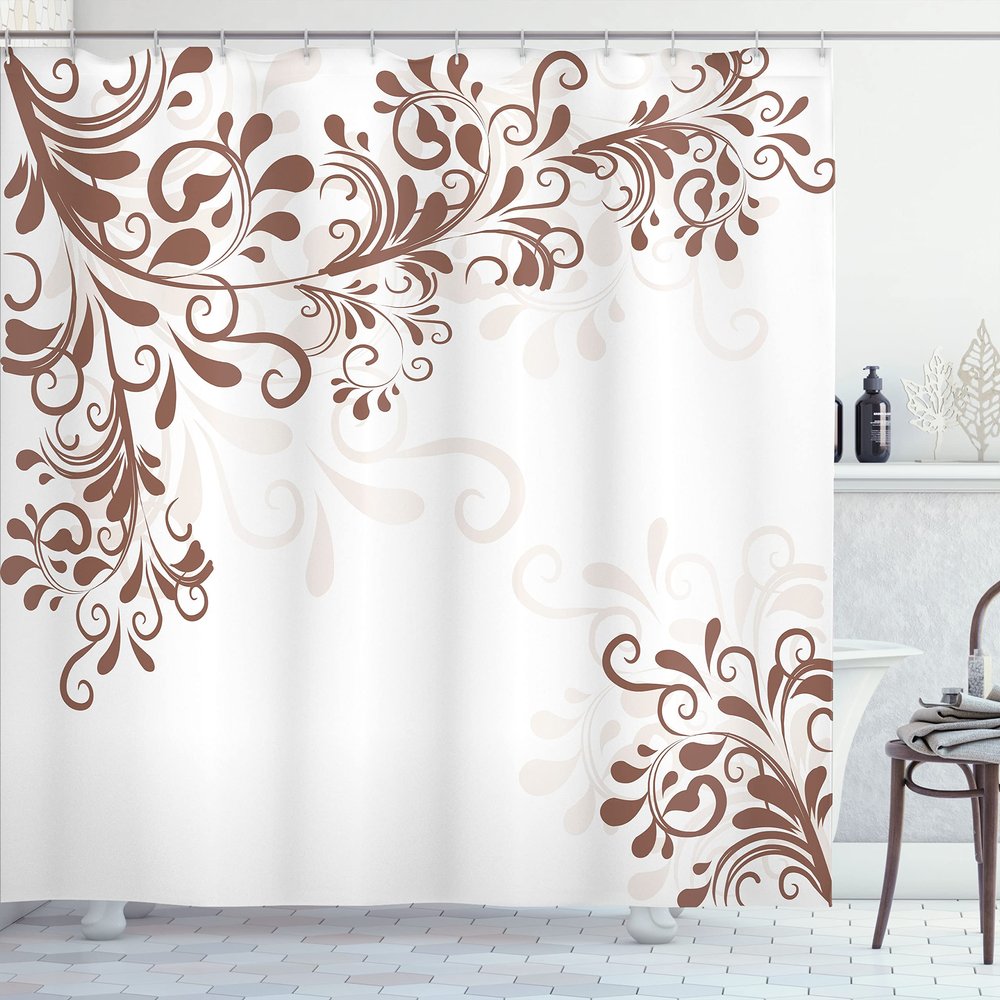 Ambesonne Oriental Shower Curtain, Floral Ivy Swirls and Leaves Abstract Modern Frame Like Artwork Image, Cloth Fabric Bathroom Decor Set with Hooks, 69" W x 70" L, Pale Chocolate