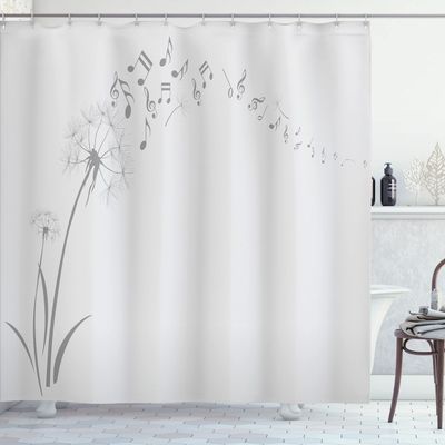 Ambesonne Music Shower Curtain, Flying Dandelions Notes Summer Spring Meadow Silhouette Softness Simple Print, Cloth Fabric Bathroom Decor Set with Hooks, 69" W x 75" L, Pale Grey