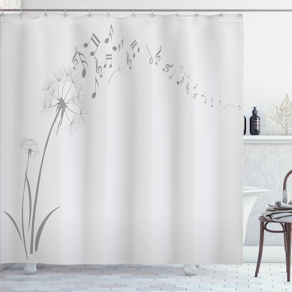Ambesonne Music Shower Curtain, Flying Dandelions Notes Summer Spring Meadow Silhouette Softness Simple Print, Cloth Fabric Bathroom Decor Set with Hooks, 69" W x 75" L, Pale Grey