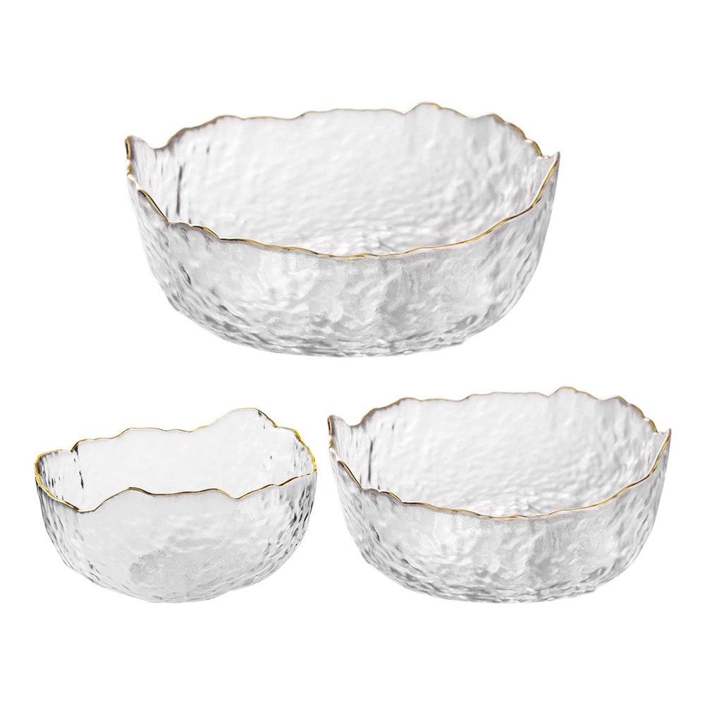 OBR KING Glass Salad Bowl Set of 3 Phnom Penh Mixing Bowls Irregular Shape Serving Containers for Kitchen Prep Fruit Pasta Popcorn and Snack