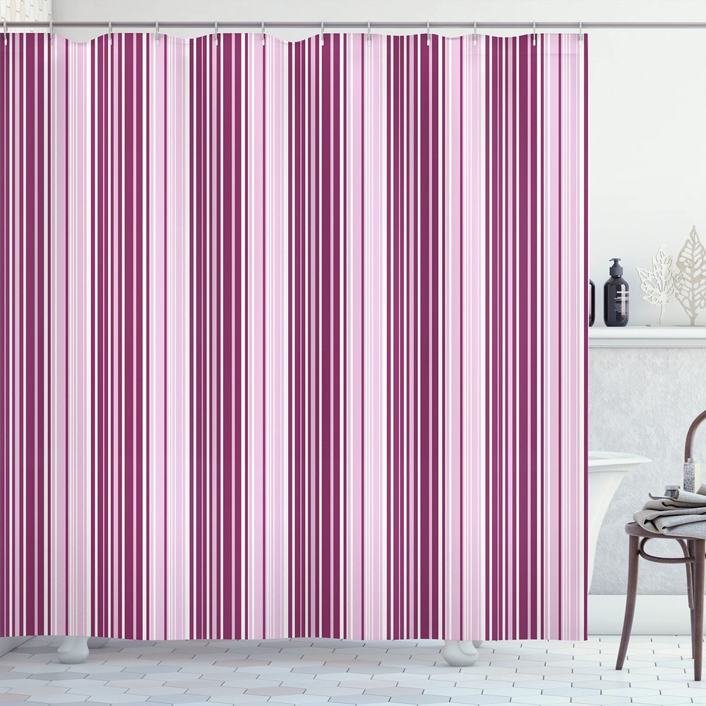 Ambesonne Stripes Shower Curtain, Little Stars in Circles Pink Hearts Polka Dots on Dark Backdrop, Cloth Fabric Bathroom Decor Set with Hooks, 69" W x 75" L, Blush