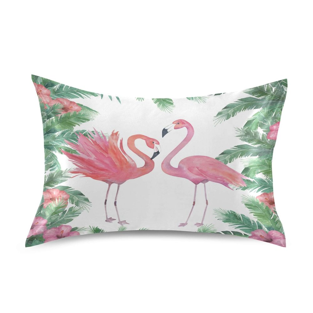 Blueangle Tropical Palm Tree Flamingo Satin Pillowcase for Hair and Skin Silk Pillowcase, Queen Size(20x30 inches) - Satin Pillow Covers with Envelope Closure
