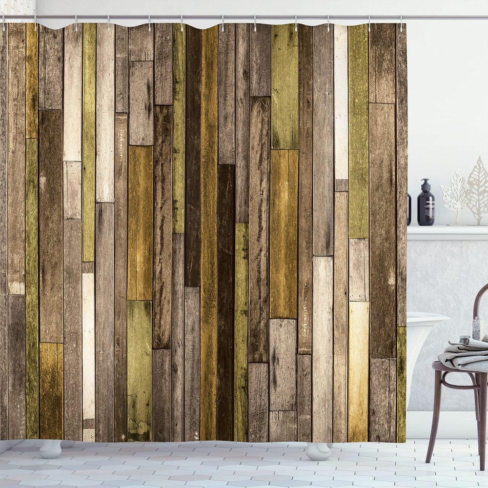 Ambesonne Wooden Print Shower Curtain, Brown Old Hardwood Floor Plank Grunge Lodge Garage Natural Rural Graphic, Cloth Fabric Bathroom Decor Set with Hooks, 69" W x 84" L, Caramel Camel