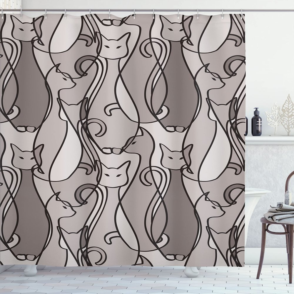 Ambesonne Cat Shower Curtain, Colorful Kittens Domestic Contour Geometric Design, Cloth Fabric Bathroom Decor Set with Hooks, 69" W x 75" L, Warm Taupe