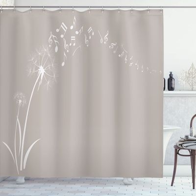 Ambesonne Music Shower Curtain, Flying Dandelions Notes Summer Spring Meadow Silhouette Softness Simple Print, Cloth Fabric Bathroom Decor Set with Hooks, 69" W x 70" L, Pale Sepia