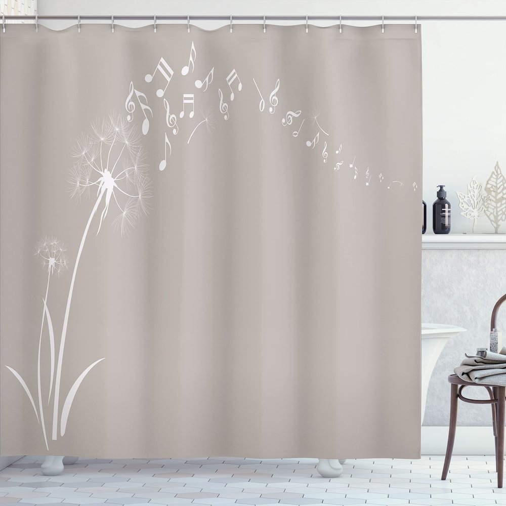 Ambesonne Music Shower Curtain, Flying Dandelions Notes Summer Spring Meadow Silhouette Softness Simple Print, Cloth Fabric Bathroom Decor Set with Hooks, 69" W x 70" L, Pale Sepia