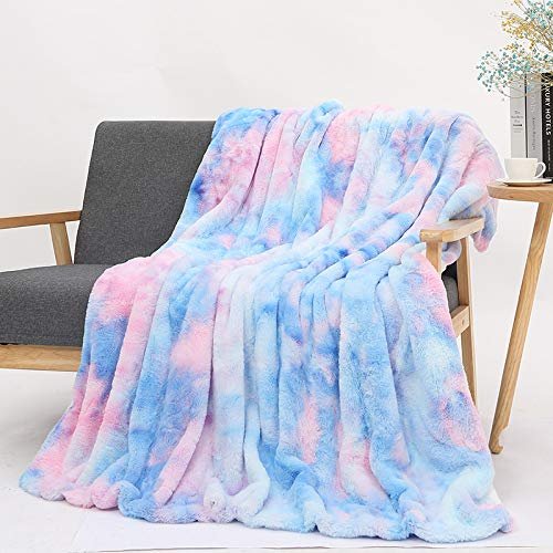 Cozomiz Reversible Faux Fur Sherpa Rainbow Throw Blanket Soft Fluffy Plush Shaggy Gradient Multi-Color Bed Throw Home Decor Cozy Warm 50" x 62" Inch Blue 2