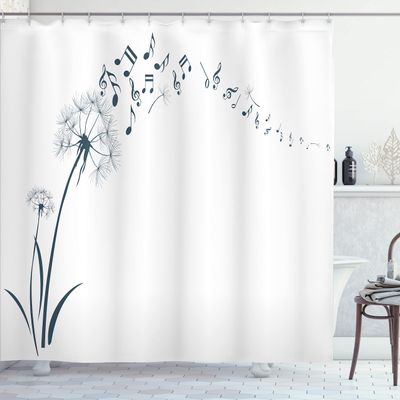 Ambesonne Music Shower Curtain, Flying Dandelions Notes Summer Spring Meadow Silhouette Softness Simple Print, Cloth Fabric Bathroom Decor Set with Hooks, 69" W x 84" L, Night Blue