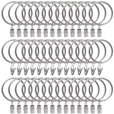 44 Pack Curtain Rings with Clips Hooks 2 inch Rustproof Matte Metal Stainless Steel Drapery Rings for Tension Rod Bracket Eyelets Decorative Hangers, Matte Silver (2" Interior Diameter)