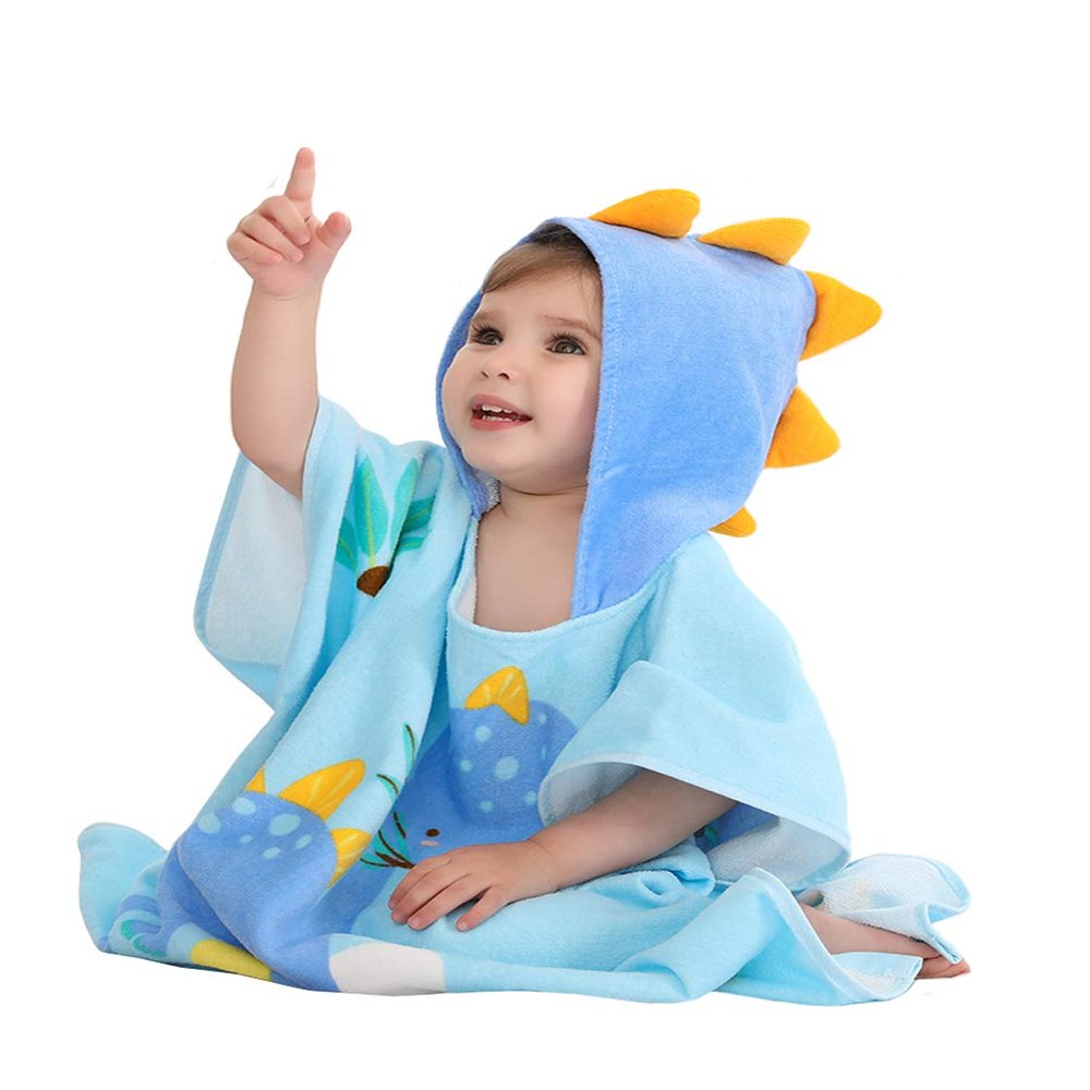 TONWHAR Kids Bath/Pool/Beach Hooded Poncho Towel-Cartoon Animal Pattern Cotton Beach Towel for Baby and Kids (New Dinosaur, 1-4 Years/Height:33.4"-43.3")