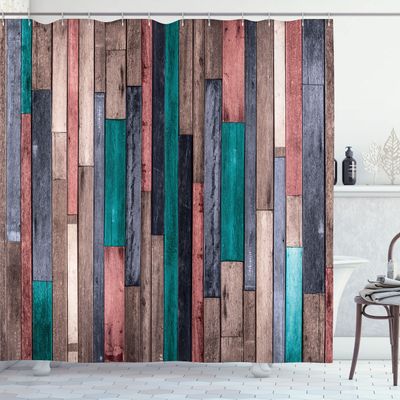 Ambesonne Wooden Print Shower Curtain, Brown Old Hardwood Floor Plank Grunge Lodge Garage Natural Rural Graphic, Cloth Fabric Bathroom Decor Set with Hooks, 69" W x 84" L, Pastel Pink