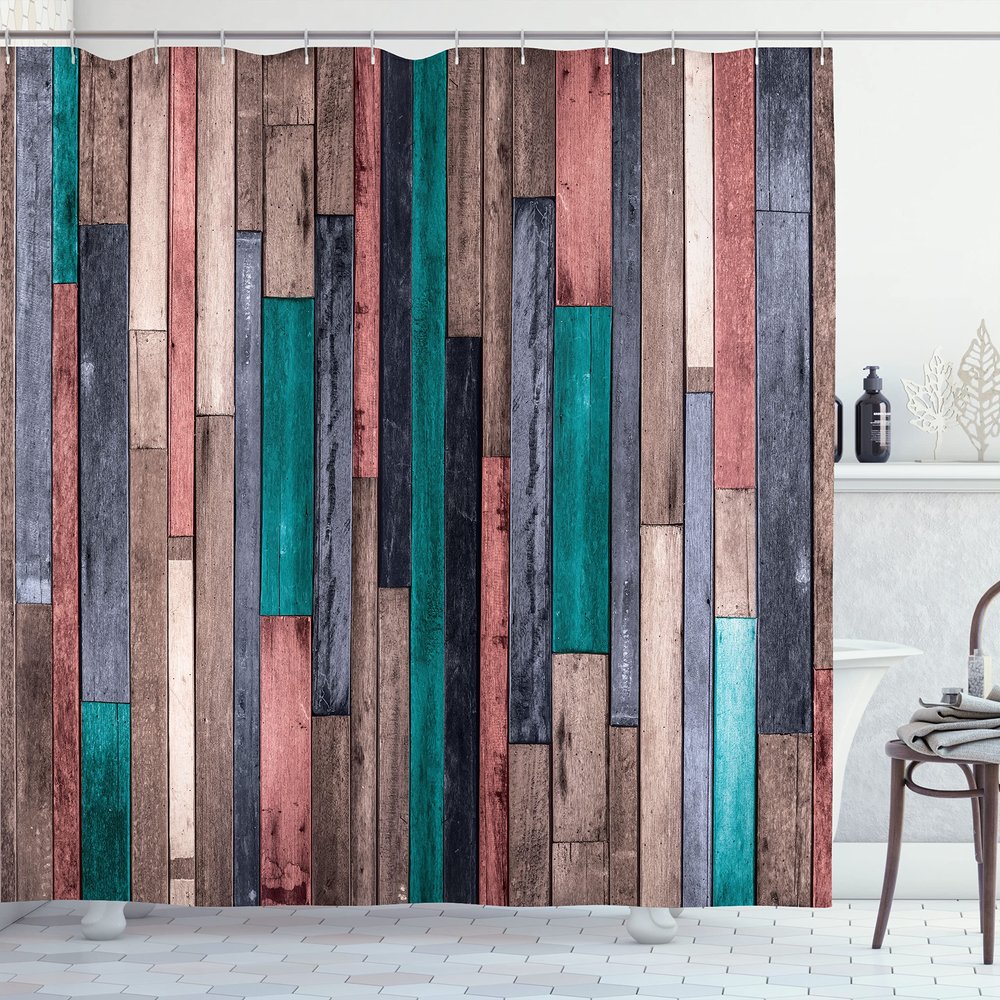 Ambesonne Wooden Print Shower Curtain, Brown Old Hardwood Floor Plank Grunge Lodge Garage Natural Rural Graphic, Cloth Fabric Bathroom Decor Set with Hooks, 69" W x 84" L, Pastel Pink