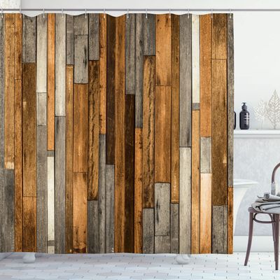 Ambesonne Wooden Print Shower Curtain, Brown Old Hardwood Floor Plank Grunge Lodge Garage Natural Rural Graphic, Cloth Fabric Bathroom Decor Set with Hooks, 69" W x 75" L, Dark Khaki