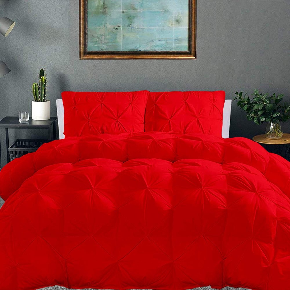 100% Cotton Pinch Pleated Comforter with 2 Pillow,500 GSM Pinch Pleat Baffle Box Design Comforter(Cal-King/King- Red)