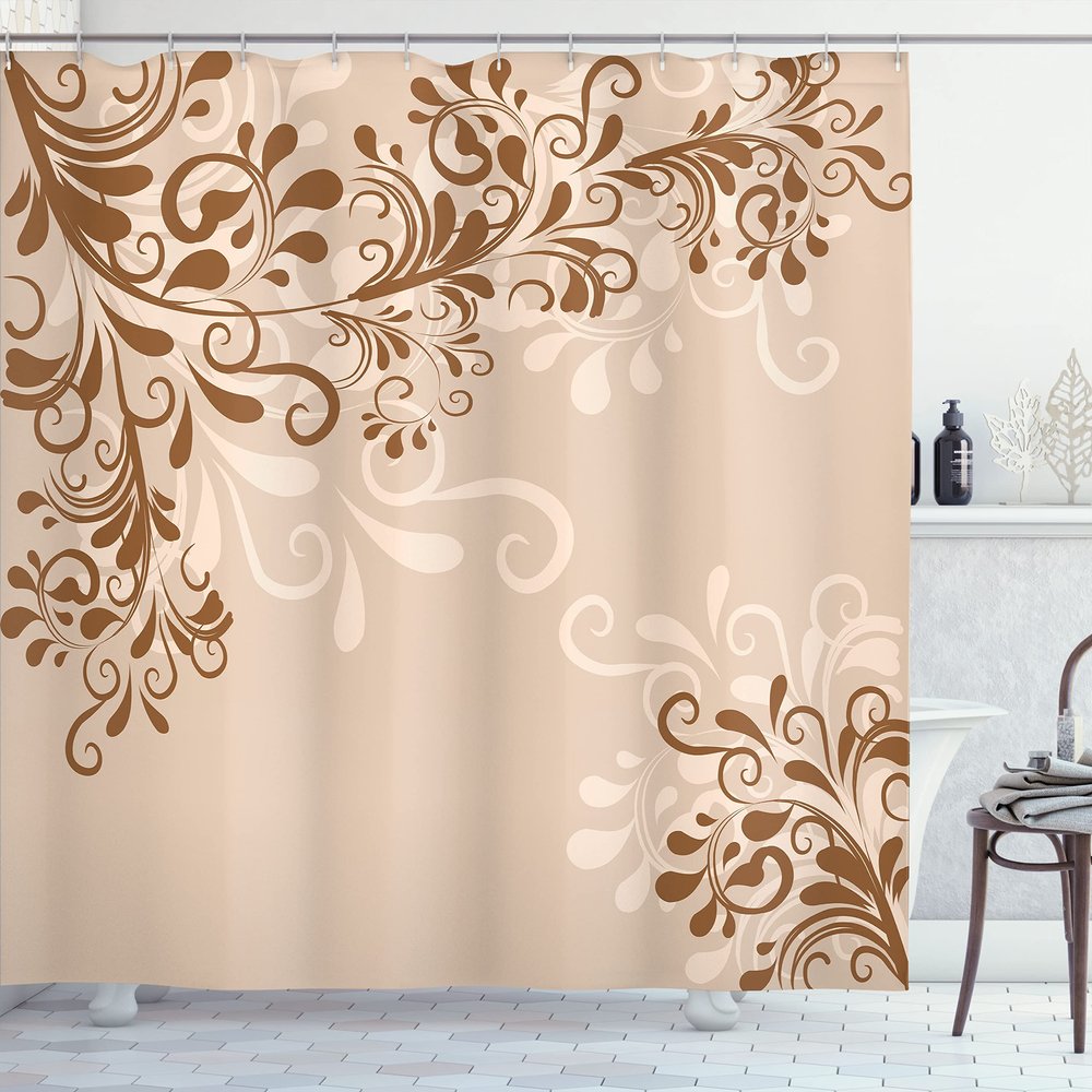 Ambesonne Oriental Shower Curtain, Floral Ivy Swirls and Leaves Abstract Modern Frame Like Artwork Image, Cloth Fabric Bathroom Decor Set with Hooks, 69" W x 84" L, Pale Brown