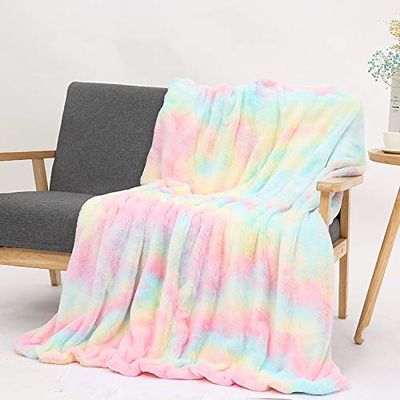 Cozomiz Reversible Faux Fur Sherpa Rainbow Throw Blanket Soft Fluffy Plush Shaggy Gradient Multi-Color Bed Throw Home Decor Cozy Warm 50" x 62" Inch Multicolor