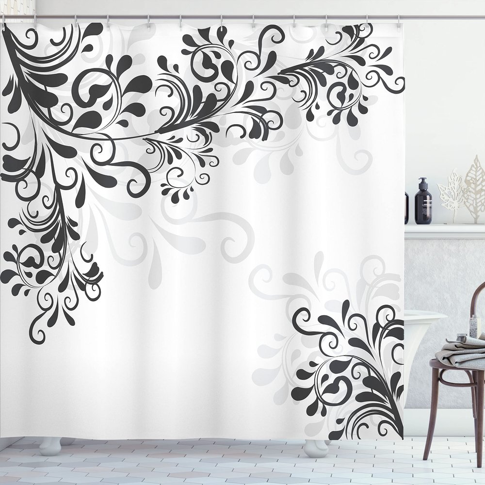 Ambesonne Oriental Shower Curtain, Floral Ivy Swirls and Leaves Abstract Modern Frame Like Artwork Image, Cloth Fabric Bathroom Decor Set with Hooks, 69" W x 70" L, Dark Dimgrey