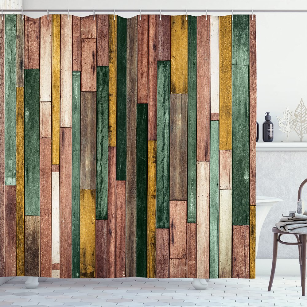 Ambesonne Wooden Print Shower Curtain, Brown Old Hardwood Floor Plank Grunge Lodge Garage Natural Rural Graphic, Cloth Fabric Bathroom Decor Set with Hooks, 69" W x 84" L, Pale Redwood