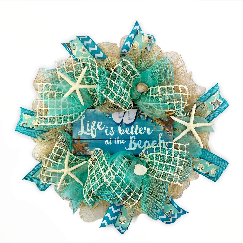 Artisan Natural Jute Beach, Coastal, Beach Wreath with Nautical Rope, Starfish & Greenery. 12" Wood "Life is Better at the Beach" Decoration