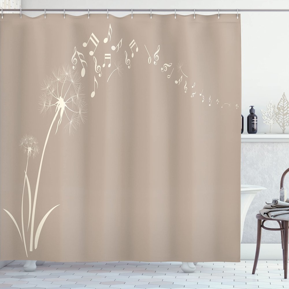 Ambesonne Music Shower Curtain, Flying Dandelions Notes Summer Spring Meadow Silhouette Softness Simple Print, Cloth Fabric Bathroom Decor Set with Hooks, 69" W x 70" L, Warm Taupe