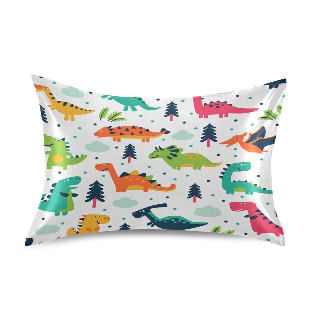 Blueangle Funny Cartoon Dinosaur Satin Pillowcase for Hair and Skin Silk Pillowcase, Queen Size(20x30 inches) - Satin Pillow Covers with Envelope Closure