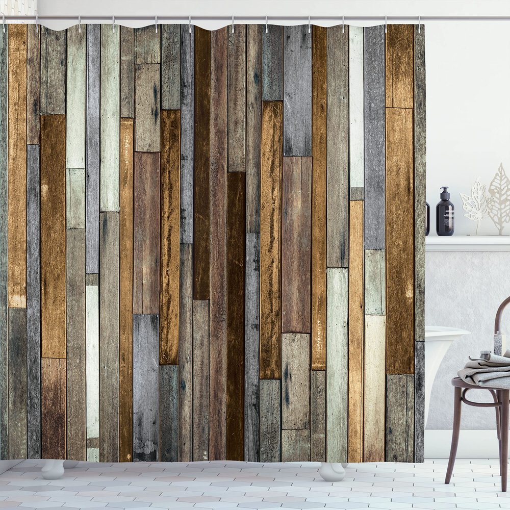 Ambesonne Wooden Print Shower Curtain, Brown Old Hardwood Floor Plank Grunge Lodge Garage Natural Rural Graphic, Cloth Fabric Bathroom Decor Set with Hooks, 69" W x 84" L, Dark Sepia