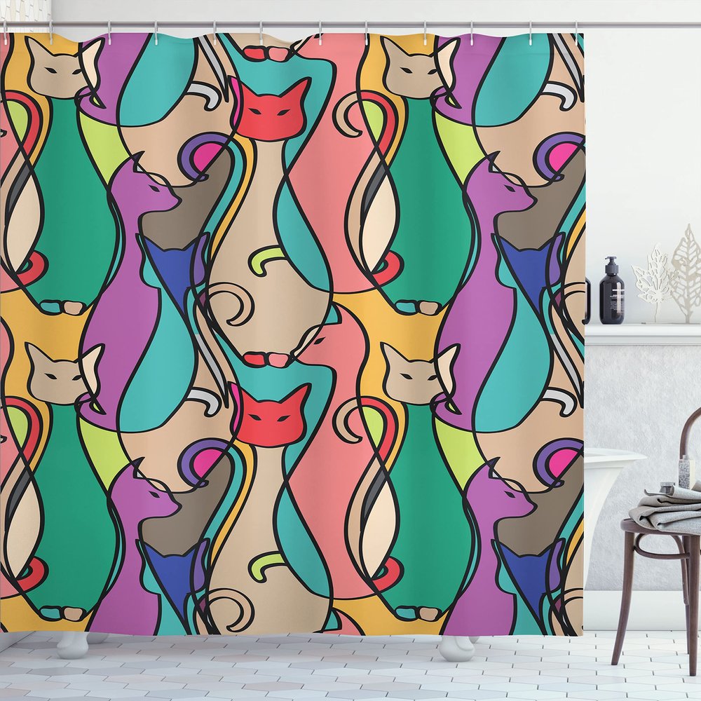 Ambesonne Cat Shower Curtain, Colorful Kittens Domestic Contour Geometric Design, Cloth Fabric Bathroom Decor Set with Hooks, 69" W x 75" L, Dark Mustard