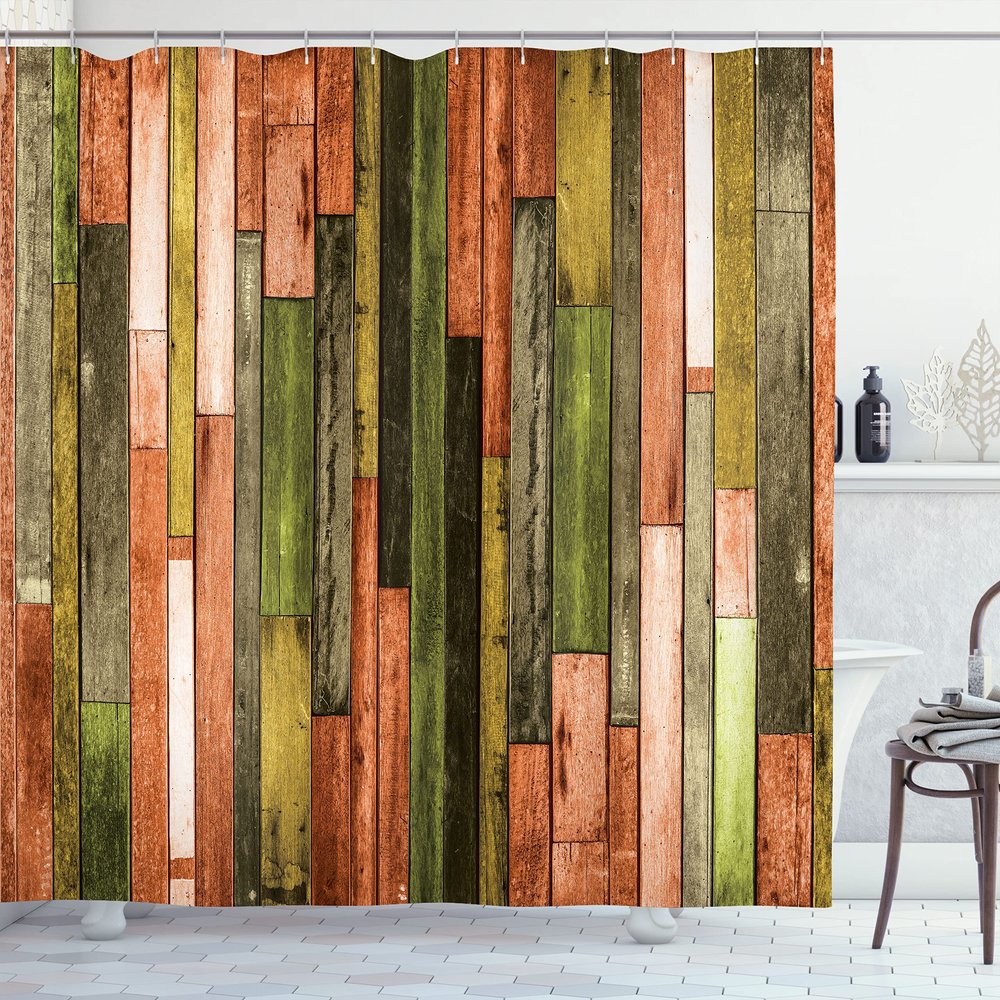 Ambesonne Wooden Print Shower Curtain, Brown Old Hardwood Floor Plank Grunge Lodge Garage Natural Rural Graphic, Cloth Fabric Bathroom Decor Set with Hooks, 69" W x 70" L, Burnt Orange