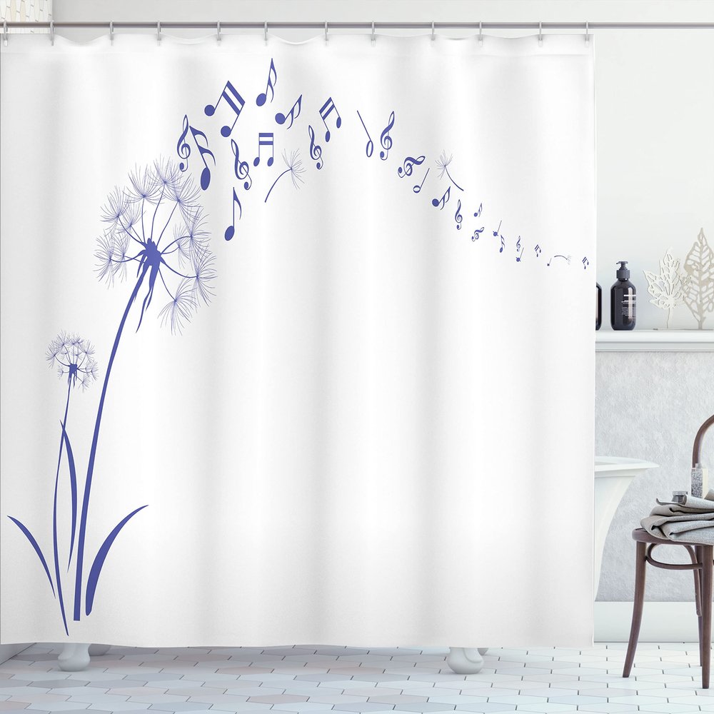 Ambesonne Music Shower Curtain, Flying Dandelions Notes Summer Spring Meadow Silhouette Softness Simple Print, Cloth Fabric Bathroom Decor Set with Hooks, 69" W x 75" L, Dark Lavender