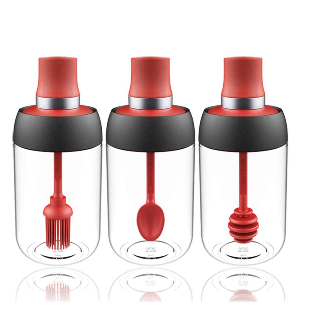 3PCS Glass Seasoning Jar, Spoon and Lid 2 In 1 Design, Transparent Empty Spice Container, for Oil, Salt, Sugar, Honey, Spice Seasoning Device
