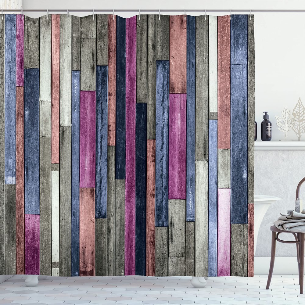 Ambesonne Wooden Print Shower Curtain, Brown Old Hardwood Floor Plank Grunge Lodge Garage Natural Rural Graphic, Cloth Fabric Bathroom Decor Set with Hooks, 69" W x 75" L, Fuchsia