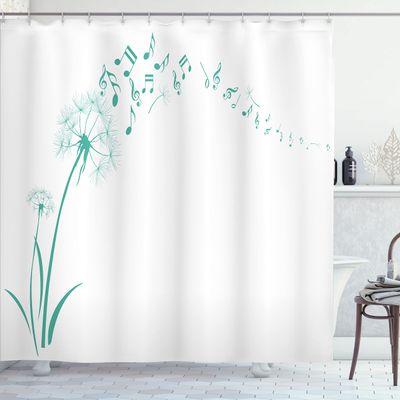 Ambesonne Music Shower Curtain, Flying Dandelions Notes Summer Spring Meadow Silhouette Softness Simple Print, Cloth Fabric Bathroom Decor Set with Hooks, 69" W x 70" L, Dark Seafoam