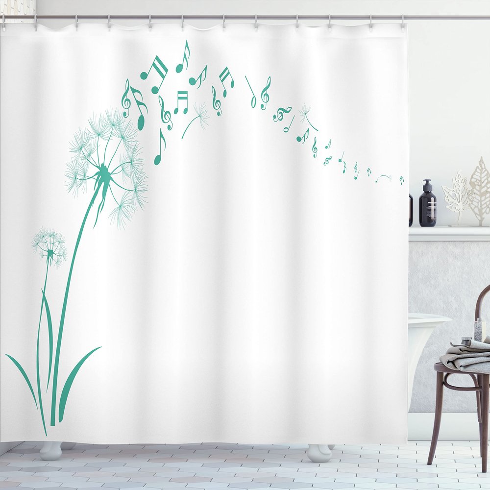 Ambesonne Music Shower Curtain, Flying Dandelions Notes Summer Spring Meadow Silhouette Softness Simple Print, Cloth Fabric Bathroom Decor Set with Hooks, 69" W x 70" L, Dark Seafoam
