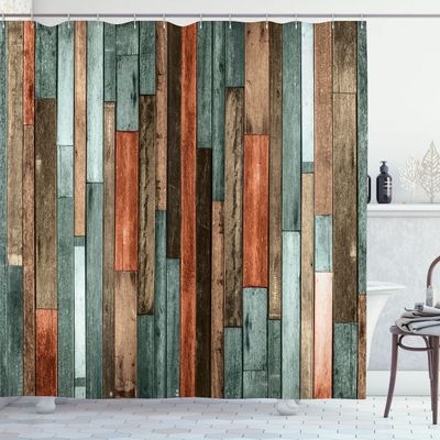 Ambesonne Wooden Print Shower Curtain, Brown Old Hardwood Floor Plank Grunge Lodge Garage Natural Rural Graphic, Cloth Fabric Bathroom Decor Set with Hooks, 69" W x 70" L, Seafoam Fawn