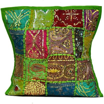 Sophia-Art Decorative Cushion Cover Cotton Patchwork Embroidered Sequin Beads Ethnic Flowers Leaves Geometric Square Scatter Floor Pillow Case Fits (Parrot Green (Scatter Square), 16" x 16")