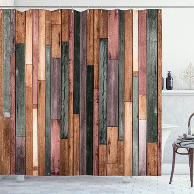 Ambesonne Wooden Print Shower Curtain, Brown Old Hardwood Floor Plank Grunge Lodge Garage Natural Rural Graphic, Cloth Fabric Bathroom Decor Set with Hooks, 69" W x 84" L, Evergreen Blush