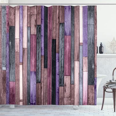 Ambesonne Wooden Print Shower Curtain, Brown Old Hardwood Floor Plank Grunge Lodge Garage Natural Rural Graphic, Cloth Fabric Bathroom Decor Set with Hooks, 69" W x 75" L, Blue Violet