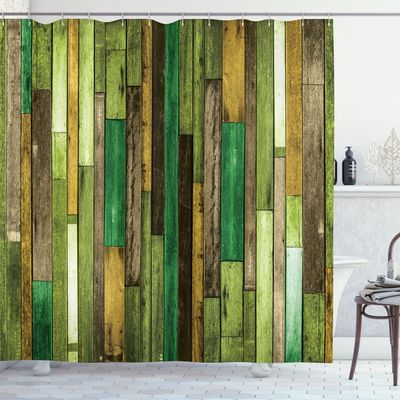 Ambesonne Wooden Print Shower Curtain, Brown Old Hardwood Floor Plank Grunge Lodge Garage Natural Rural Graphic, Cloth Fabric Bathroom Decor Set with Hooks, 69" W x 84" L, Earth Yellow