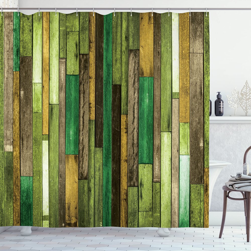 Ambesonne Wooden Print Shower Curtain, Brown Old Hardwood Floor Plank Grunge Lodge Garage Natural Rural Graphic, Cloth Fabric Bathroom Decor Set with Hooks, 69" W x 84" L, Earth Yellow