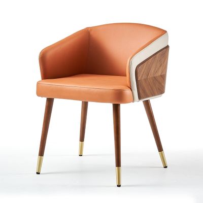 ARTPLAN Dining Chair Mid Century Modern with Walnut, Eucalyptus Fabric Upholsted Retro Accent Arm Chair, Metal Legs Dissassembly Adjustable Foot for Kitchen Dining Room,Dark Orange