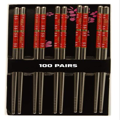 [100 PAIRS] Premium Red Flower Reusable Stainless Steel Chopsticks - Metal Stainless Steel Chopsticks Set - Great for Dinner, Kitchen, Ramen, Dishwasher Safe by EcoQuality (8.8 inches)