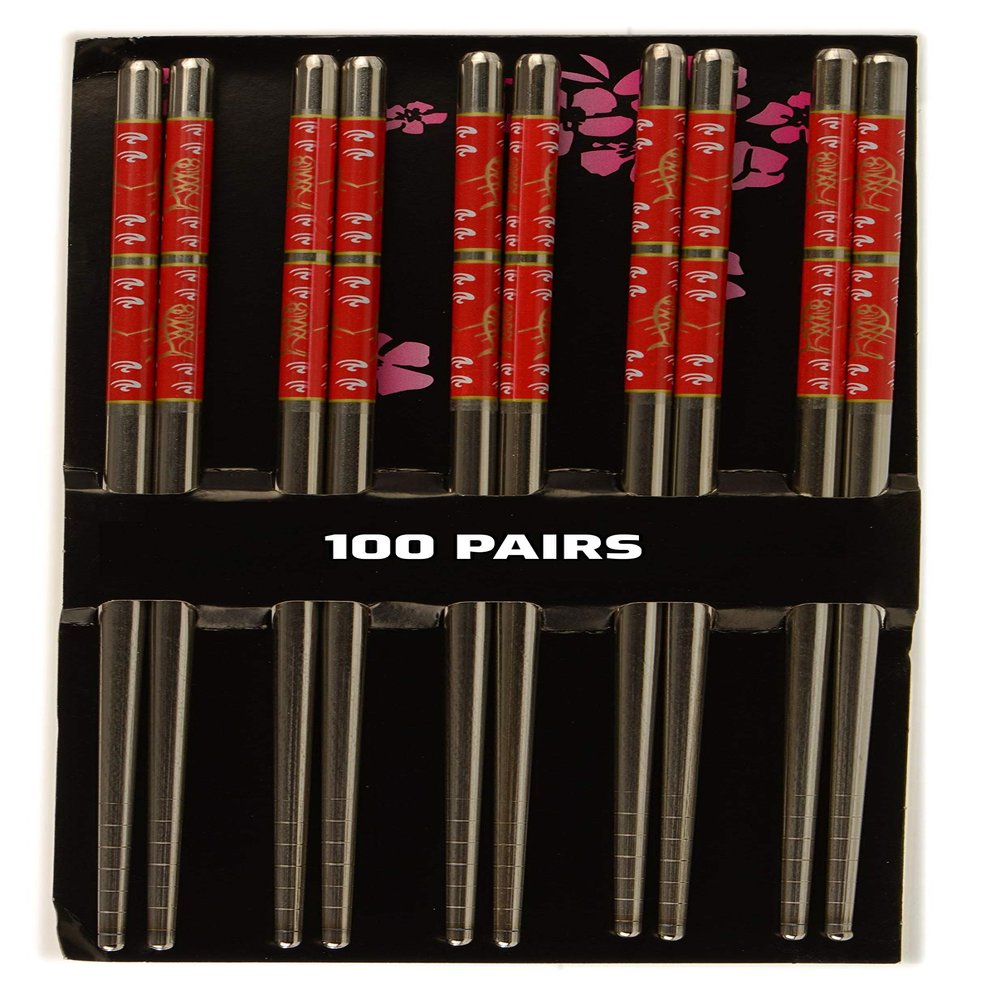 [100 PAIRS] Premium Red Flower Reusable Stainless Steel Chopsticks - Metal Stainless Steel Chopsticks Set - Great for Dinner, Kitchen, Ramen, Dishwasher Safe by EcoQuality (8.8 inches)