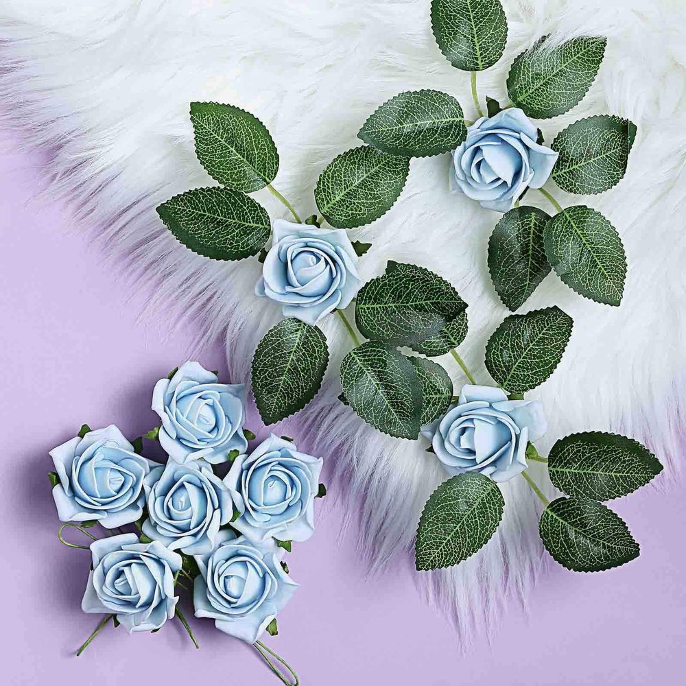 24 Roses | 2" Artificial Foam Rose with Stem and Leaves - 16 Colors (Dusty Blue)