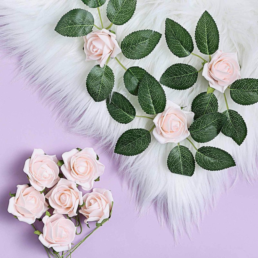 24 Roses | 2" Artificial Foam Rose with Stem and Leaves - 16 Colors (Blush/Rose Gold)