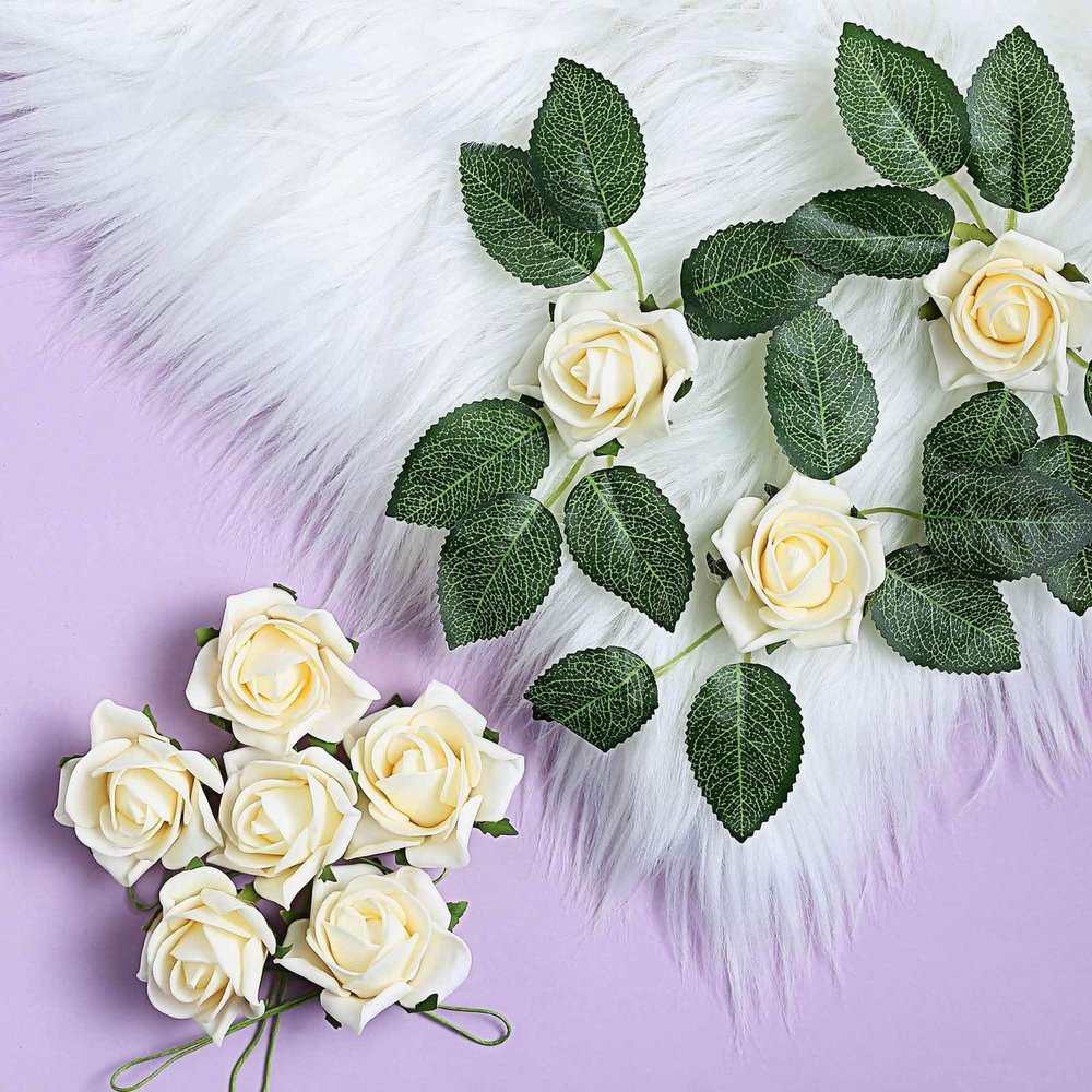 24 Roses | 2" Artificial Foam Rose with Stem and Leaves - 16 Colors (Cream)