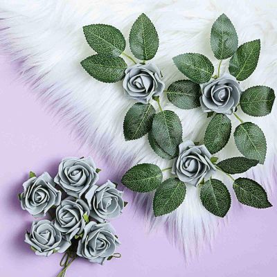 24 Roses | 2" Artificial Foam Rose with Stem and Leaves - 16 Colors (Silver)
