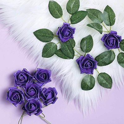 24 Roses | 2" Artificial Foam Rose with Stem and Leaves - 16 Colors (Purple)