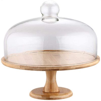 qiuqiu Cake Stand with Bell Jar, Porcelain and Bamboo, Round Shape, 20cm